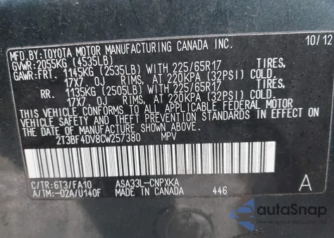 2012 Toyota Rav4 z USA, uszkodzony, nr VIN 2T3BF4DV8CW257380